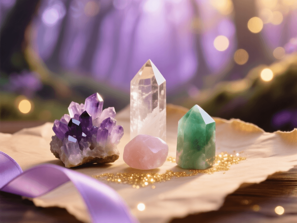 Cristaux et pierres naturelles — améthyste, quartz, quartz rose et aventurine sur parchemin