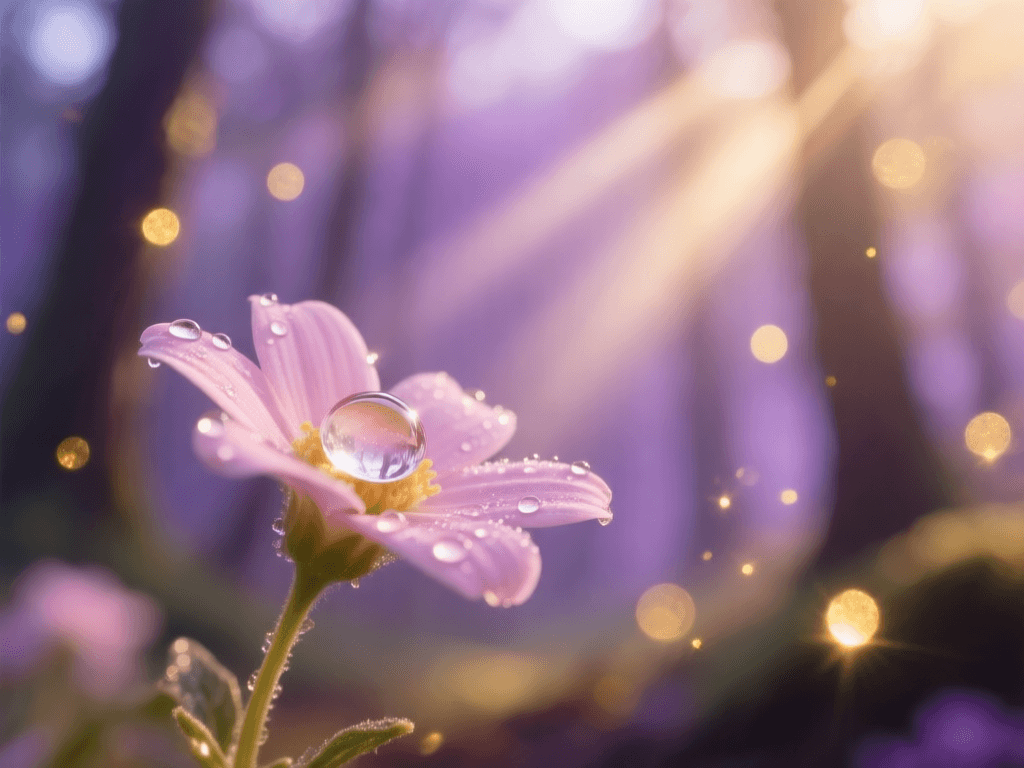Goutte de rosée sur une fleur rose, dans une forêt féérique baignée de lumière dorée